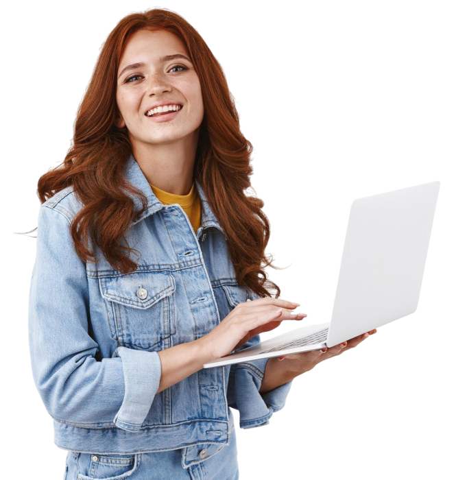 ambitious-enthusiastic-goodlooking-girl-lead-vanlife-working-remote-standing-white-background-stylish-denim-jacket-hold-laptop-smiling-satisfied-freelancing-writing-university-essay